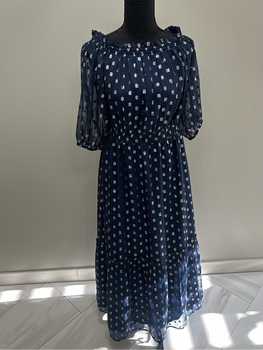 LOFT Navy Midi Dress with shimmery silver Dot Print